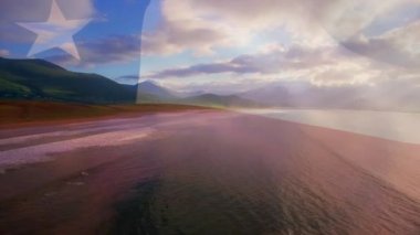 Deniz manzarasında dalgalanan Şili bayrağının animasyonu. seyahat, tatiller, vatanseverlik ve dijital olarak üretilen video konsepti.