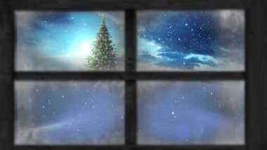 Pencere manzarası animasyonu Noel ağacı ve kış manzarası. Pencere manzarası ve Noel dekorasyonu animasyonu. Noel, kış, gelenek ve kutlama konsepti dijital olarak oluşturulmuş video.