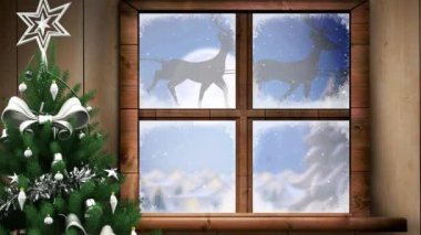 Noel Baba 'nın kızakta Noel Baba' nın canlandırması. Pencereden görülen kış manzarasında ren geyikleriyle birlikte. Noel, gelenek ve kutlama konsepti dijital olarak oluşturuldu.