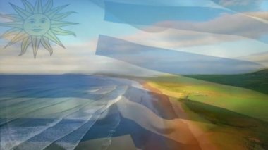 Sahilde dalgalanan Uruguay bayrağının canlandırması. seyahat, tatiller, vatanseverlik ve dijital olarak üretilen video konsepti.