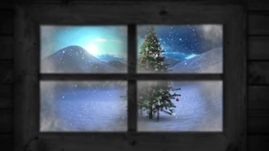 Pencere manzarası animasyonu Noel ağacı ve kış manzarası. pencere görünümü ve noel dekorasyonu canlandırması. 