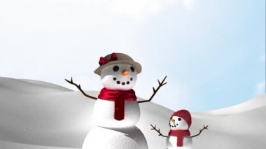 Kış manzarasında kardan adamın üzerine düşen kar tanelerinin animasyonu. Noel, kış, gelenek ve kutlama konsepti dijital olarak oluşturulmuş video.