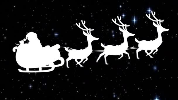 黒を背景に輝く星の上に 反乱者達によって引っ張られていく雪の中のサンタクラウス クリスマス フェスティバルとお祝いのコンセプト — ストック動画
