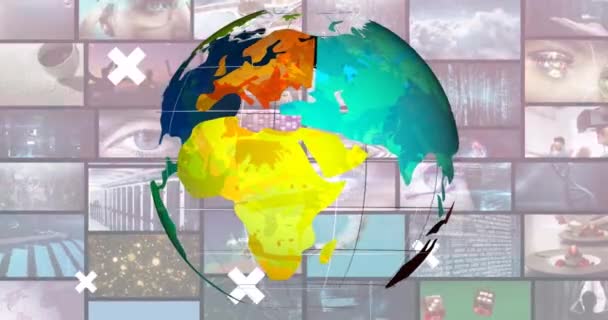 Animation Von Bunten Globus Und Weißen Kreuzen Über Verschiedenen Clips — Stockvideo