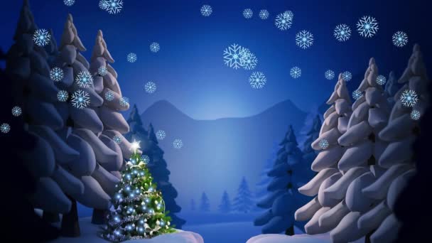 Анімація Снігу Падає Над Ялинкою Зимовим Пейзажем Різдво Зима Традиція — стокове відео