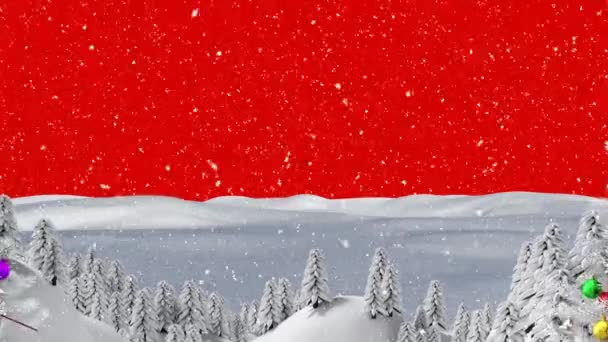 Animation Der Winterlandschaft Mit Tannen Auf Rotem Hintergrund Weihnachten Winter — Stockvideo