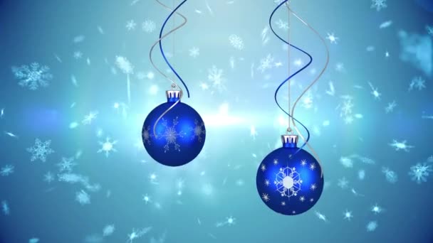 Animation Candy Canes Christmas Boubles Snow Falling Blue Background Christmas — Stock Video