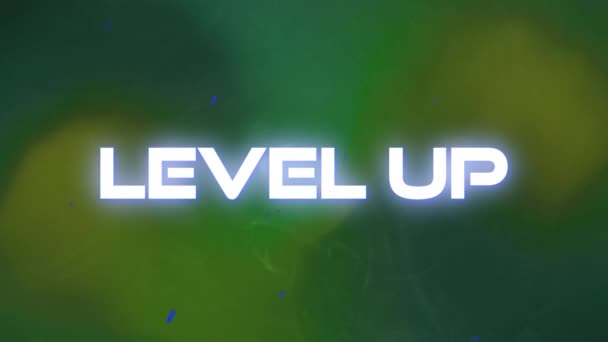 Animering Nivå Upp Text Över Rörlig Grön Bakgrund Spel Underhållning — Stockvideo