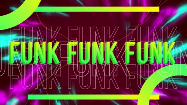 Animering Funk Text Över Färgglada Ljus Och Geometriska Former Spel — Stockvideo