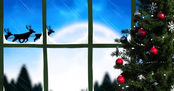 Animatie Van Kerstman Slee Met Rendieren Gezien Door Raam Kerstboom — Stockvideo