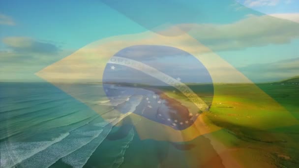 Animation Drapeau Brazilr Soufflant Sur Paysage Plage Voyage Vacances Patriotisme — Video