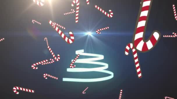 Animación Árbol Navidad Formado Con Cinta Amarilla Bastones Caramelo Cayendo — Vídeo de stock