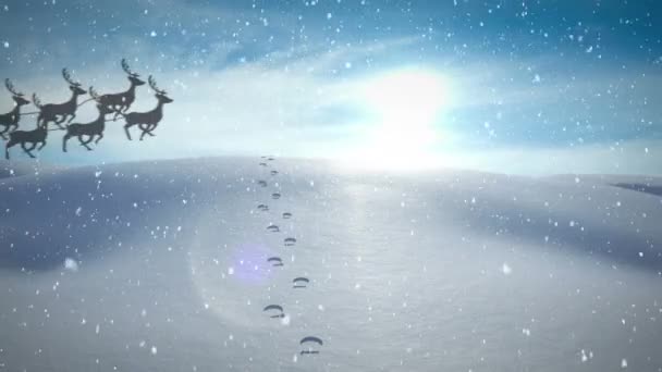 Sníh Padající Přes Santa Claus Saních Tažených Soby Proti Zimní — Stock video