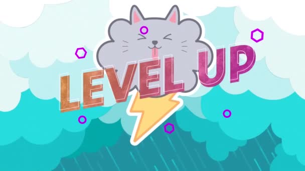 Animatie Van Level Omhoog Tekst Bewolkte Storm Wolk Kat Achtergrond — Stockvideo