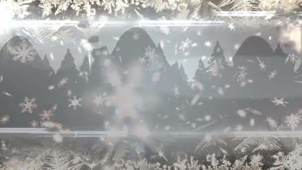 Animación Nieve Navideña Cayendo Sobre Decoraciones Navideñas Sobre Fondo Gris — Vídeos de Stock