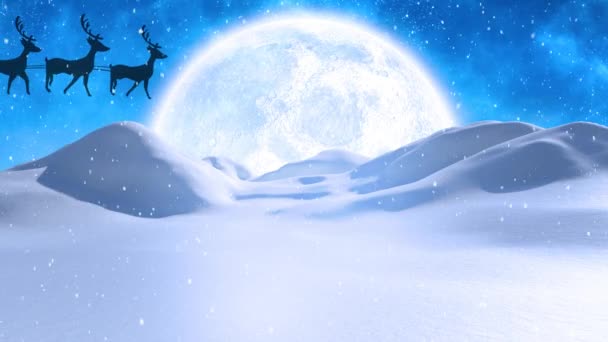 Снег Падает Санта Клауса Санях Тянут Олени Зимнему Пейзажу Ночному — стоковое видео