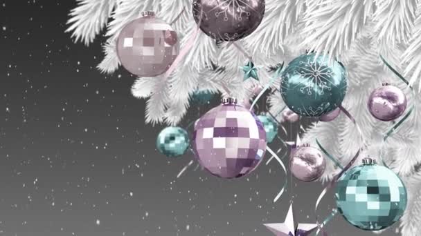 Neige Tombant Sur Les Boules Noël Décoration Étoilée Suspendue Sur — Video