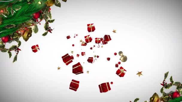 Animatie Van Geschenken Vallen Dennenbomen Takken Witte Achtergrond Kerstmis Winter — Stockvideo
