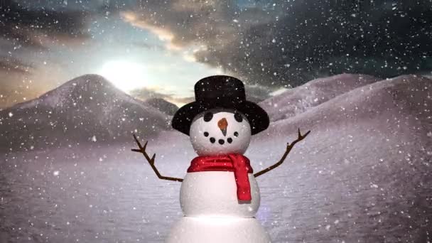 Анимация Снеговика Снегопада Над Снежным Ландшафтом Рождество Зима Традиции Празднование — стоковое видео