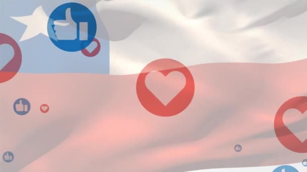 Анимация Флага Чиле Дующего Над Плавающими Символами Социальной Сети Глобальные — стоковое видео