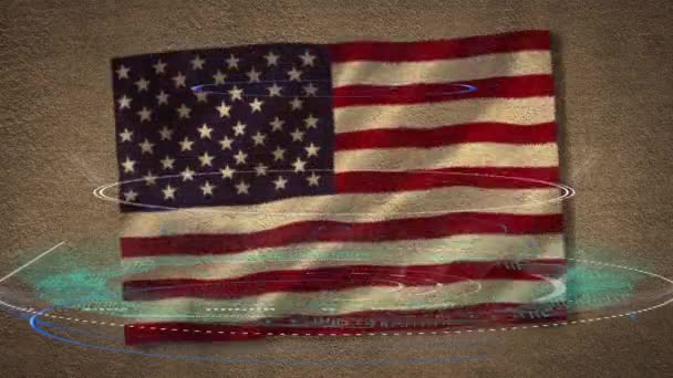 灰色の背景にフラグを私たちを振って7月のテキストとラウンドスキャナの幸せな4日 アメリカ独立記念日のお祝いのコンセプト — ストック動画