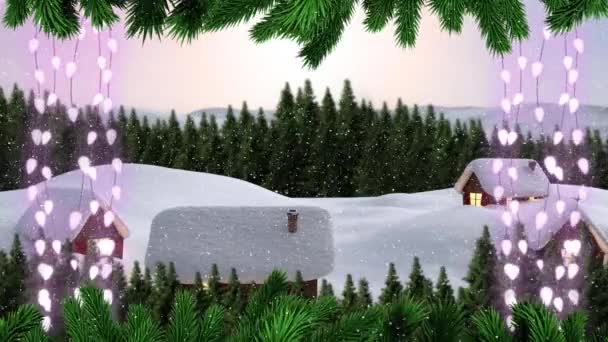 Animación Luces Hadas Decoración Abetos Nieve Cayendo Sobre Paisaje Invernal — Vídeos de Stock
