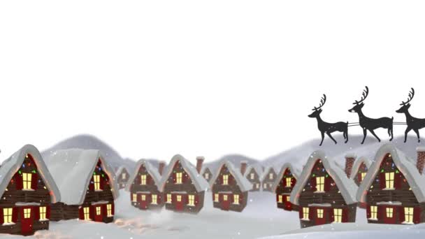 Kerstman Slee Wordt Getrokken Door Rendieren Tegen Sneeuw Vallen Huizen — Stockvideo