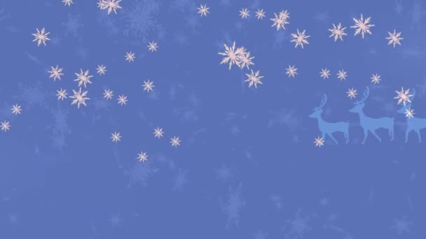 Animacja Świętego Mikołaja Saniach Reniferami Poruszającymi Się Nad Spadającym Śniegiem — Wideo stockowe