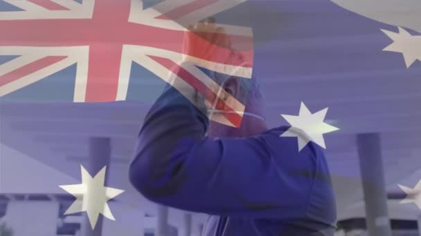 Animatie Van Vlag Van Australië Zwaaiend Man Met Het Gezichtsmasker — Stockvideo