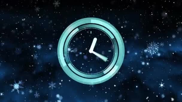 Неоновий Цифровий Годинник Піднімається Над Сніжинками Падає Синій Фон Різдвяні — стокове відео