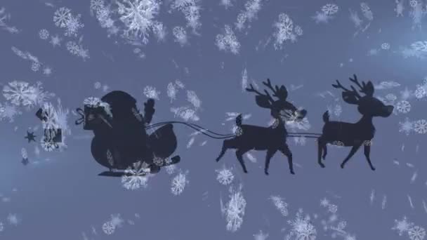 Анимация Санта Клауса Санях Оленями Движущимися Падающему Снегу Рождество Традиции — стоковое видео