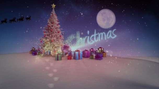 Vrolijk Kersttekst Sneeuwvlokken Vallen Tegen Kerstboom Geschenken Het Winterlandschap Kerstfeest — Stockvideo