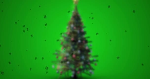 Animazione Neve Che Cade Sopra Albero Natale Sfondo Verde Natale — Video Stock