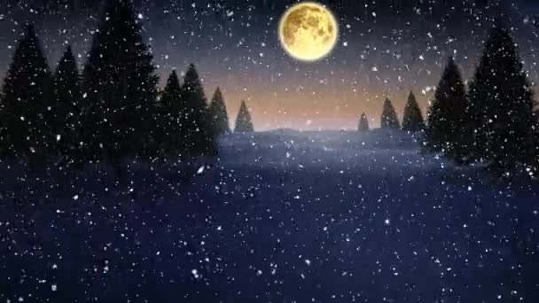 Animation Von Schnee Der Über Tannenbäume Und Mond Winterlicher Landschaft — Stockvideo