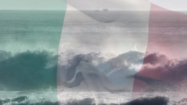 Animation Flag Italy Blowing Beach Seascape Travel Holidays Patriotism Celebration — Stock Video
