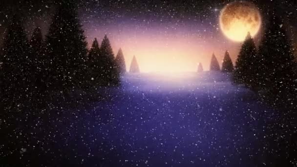 Animación Nieve Cayendo Sobre Abetos Luna Paisajes Invernales Navidad Tradición — Vídeos de Stock