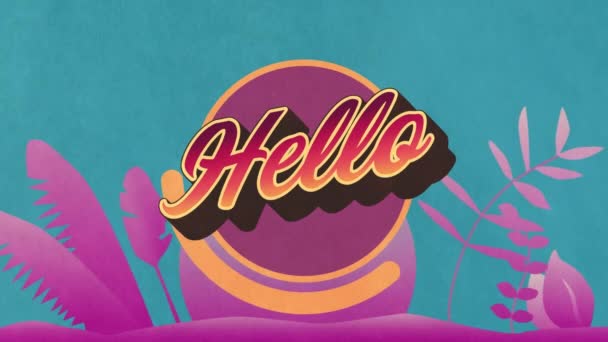 Animation Hello Text Purple Plants Background Social Media Communication Concept — Stock Video