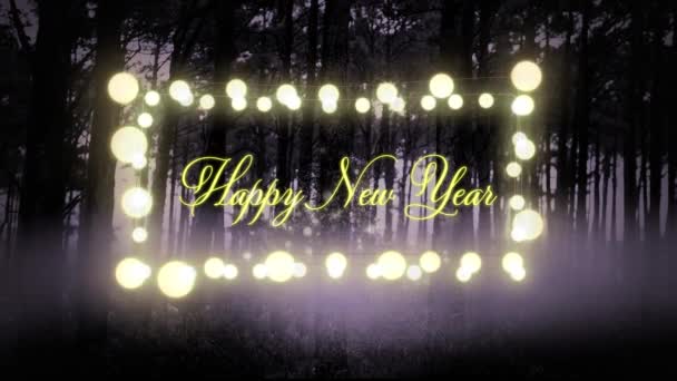 Happy New Year Text Yellow Glowing Fairy Lights Multiple Trees — Stock Video