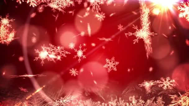 Κινούμενα Σχέδια Χριστουγεννιάτικων Boubles Και Δέντρων Κόκκινο Φόντο Χιόνι Πέφτει — Αρχείο Βίντεο