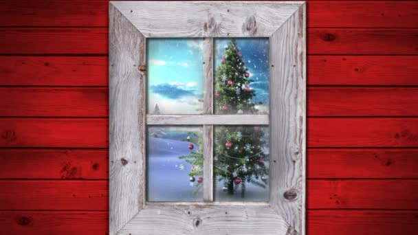 Animación Vista Ventana Del Árbol Navidad Paisaje Invierno Animación Vista — Vídeo de stock