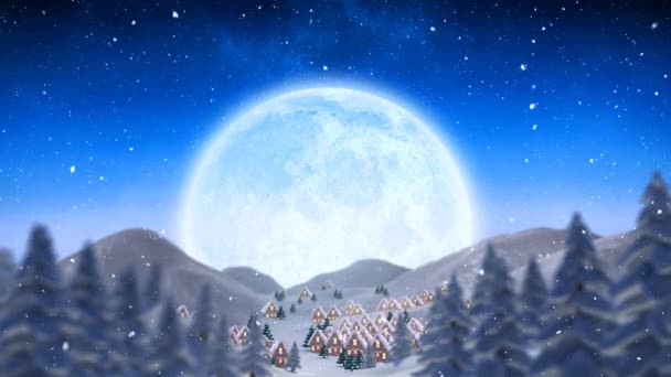 Animación Nieve Cayendo Sobre Casas Cubiertas Nieve Decoradas Con Luces — Vídeo de stock