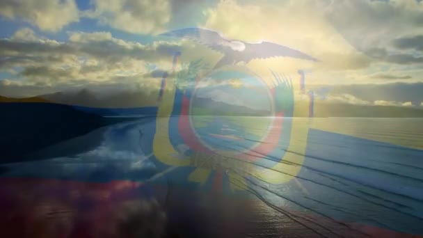 Animation Flag Equador Blowing Beach Seascape Travel Holidays Patriotism Celebration — Stock Video