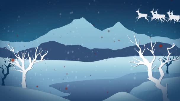 Animation Jultomten Släde Med Ren Över Snön Faller Jul Tradition — Stockvideo