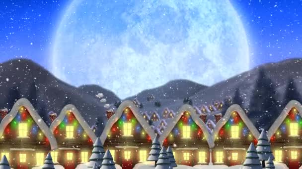 Animación Nieve Cayendo Sobre Casas Cubiertas Nieve Decoradas Con Luces — Vídeo de stock