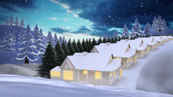 Kış Manzarasında Evlerin Üzerine Yağan Kar Animasyonu Noel Gelenek Kutlama — Stok video