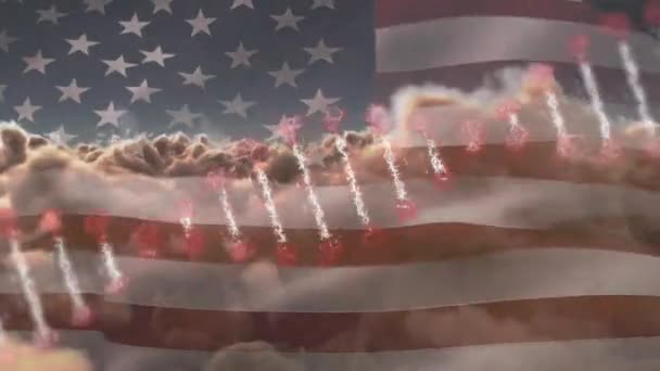Animation Dna Strand Rotating American Flag Cloudy Sky Medical Research — Stock Video