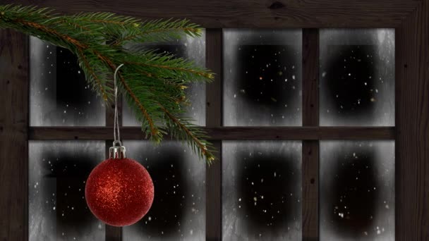 Animación Nieve Cayendo Sobre Decoración Navideña Ventana Navidad Invierno Tradición — Vídeo de stock