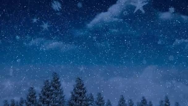 Animación Nieve Cayendo Sobre Abetos Paisajes Invernales Navidad Tradición Concepto — Vídeo de stock