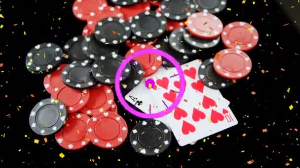 Animación Caída Confeti Escaneo Alcance Sobre Fichas Casino Tarjetas Juegos — Vídeos de Stock