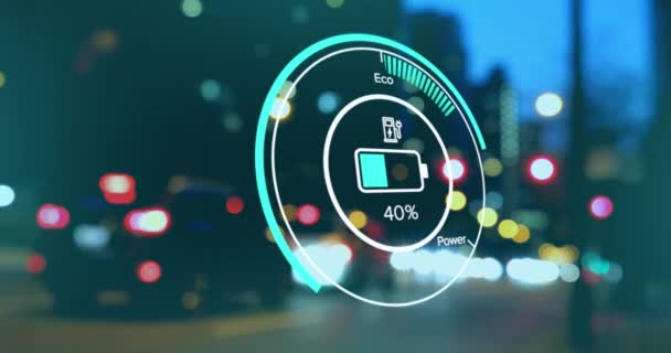 在道路上使用充电电池图标和速度计的接口动画 电力和燃料技术数字接口概念数字生成视频 — 图库视频影像